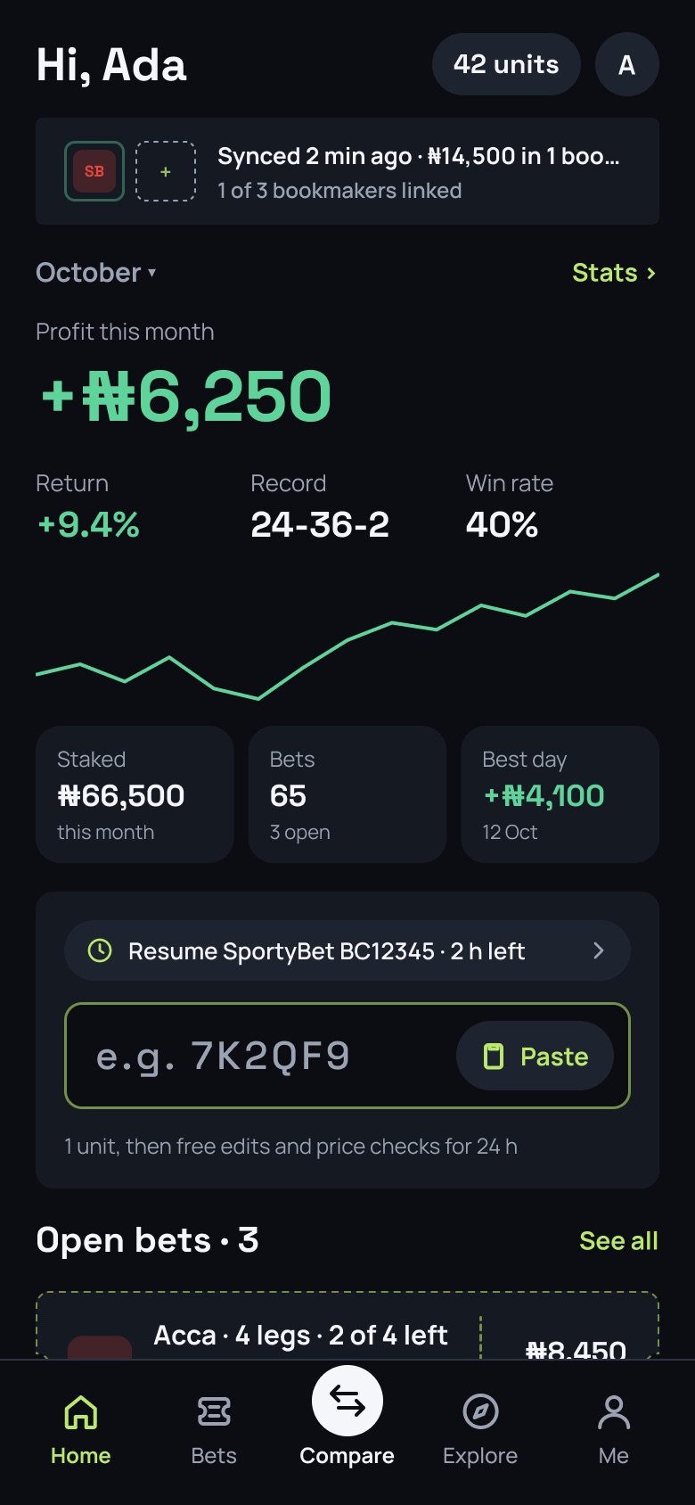 The Oddkeep app's Home screen: paste a code to see who pays most